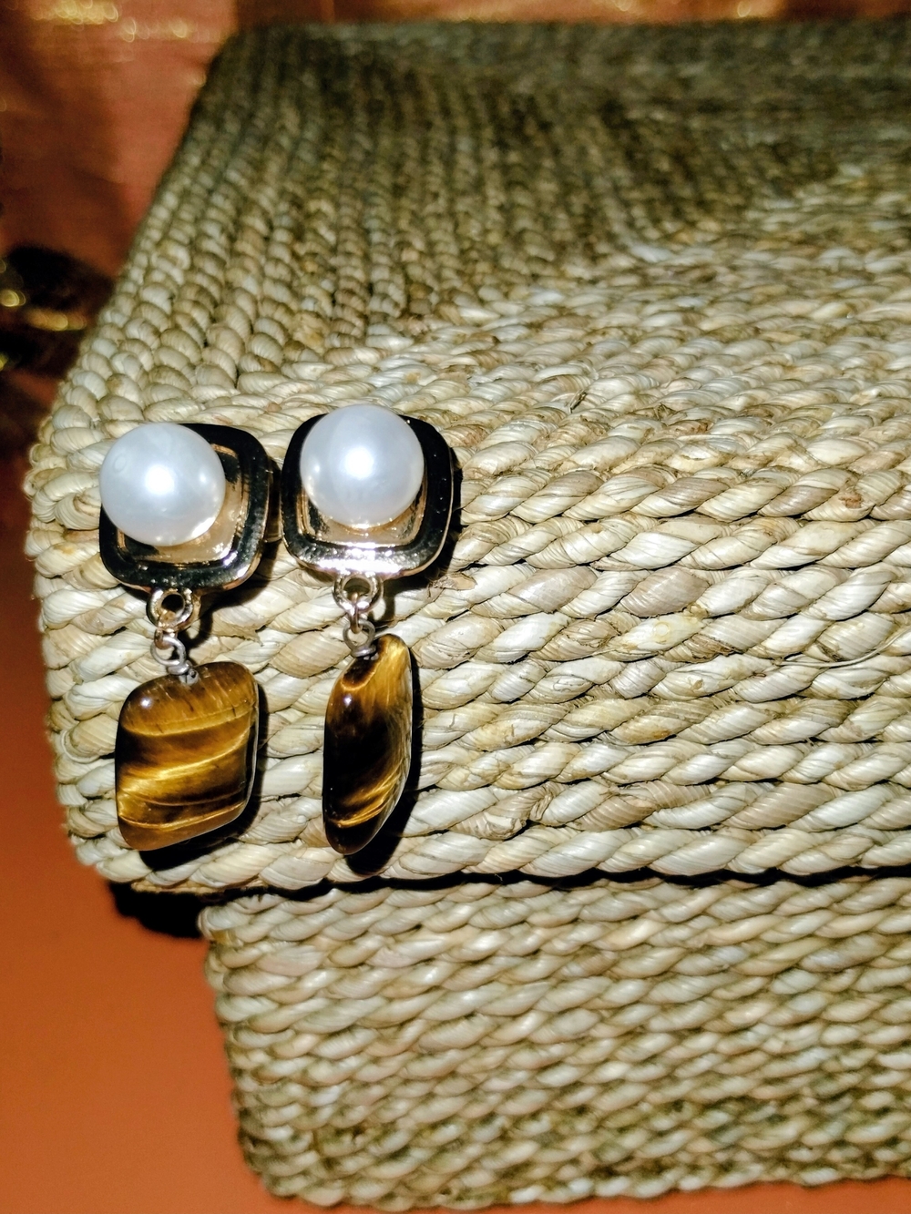 Handmade Minimalist Pearl and Tiger's Eye Bridal Earrings- Women Jewelry